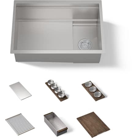 Kohler Synthos 27-3/4" Undermount Single Basin Stainless Steel Kitchen Sink with Basin Rack, Basket Strainer, Cutting Board, and Colander Stainless Steel