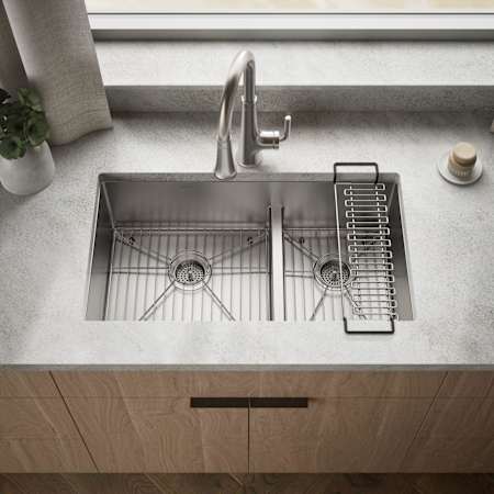 Kohler Strive Smart Divide® 32" Undermount Double Basin Kitchen Sink with Left-Bowl Basin Rack Stainless Steel
