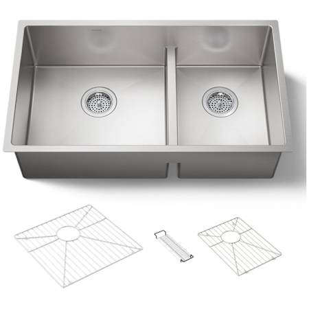 Kohler Strive 32" Smart Divide® Under-Mount Large/Medium Double-Bowl Kitchen Sink With Basin Rack Stainless Steel