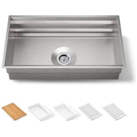 Kohler Prolific 33" Workstation Single Basin Undermount Kitchen Sink with Silent Shield Technology and Accessories Included Stainless Steel