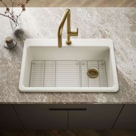 Kohler Riverby 33" Drop In Single Basin Cast Iron Kitchen Sink with Two Basin Racks Biscuit