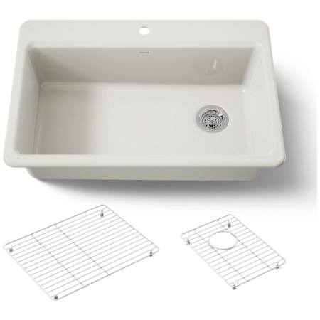 Kohler Riverby 33" Drop In Single Basin Cast Iron Kitchen Sink with Two Basin Racks Biscuit