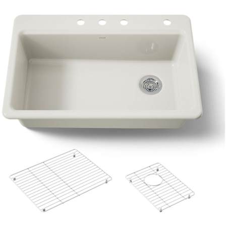 Kohler Riverby 33" Drop In Single Basin Cast Iron Kitchen Sink with Two Basin Racks and Five Predrilled Holes Biscuit