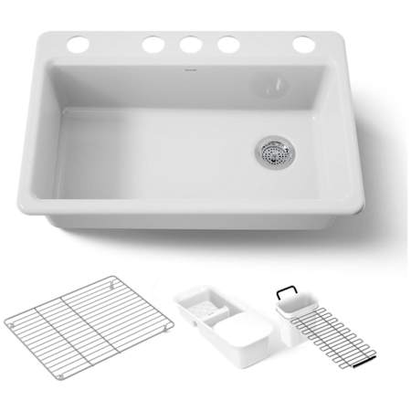 Kohler Riverby 33" Undermount Single Basin Enameled Cast Iron Workstation Kitchen Sink with Utility Rack, Sink Rack and Colander, and Intregral Cutting Board White