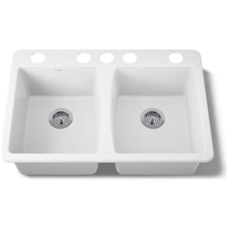 Kohler Deerfield 33" Double Basin Under-Mount Enameled Cast-Iron Kitchen Sink White