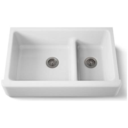 Kohler Whitehaven 35-11/16" Double Basin Farmhouse Cast Iron Kitchen Sink with Self-Trimming Apron and SmartDivide White