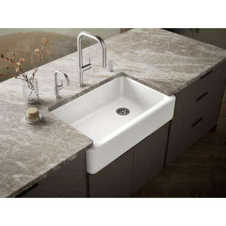 Kohler Whitehaven 36" Single Basin Farmhouse Cast Iron Kitchen Sink with Hayridge Design and Self-Trimming Apron White