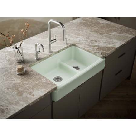Kohler Whitehaven 35-1/2" Self-Trimming Farmhouse Double Basin Enameled Cast Iron Kitchen Sink with Smart Divide Basin Aspen Green
