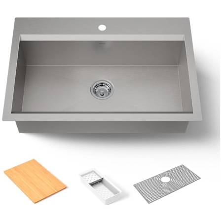Kohler Task 33" Undermount Single Basin Stainless Steel Kitchen Sink with Basket Strainer, Colander, and Cutting Board N/A