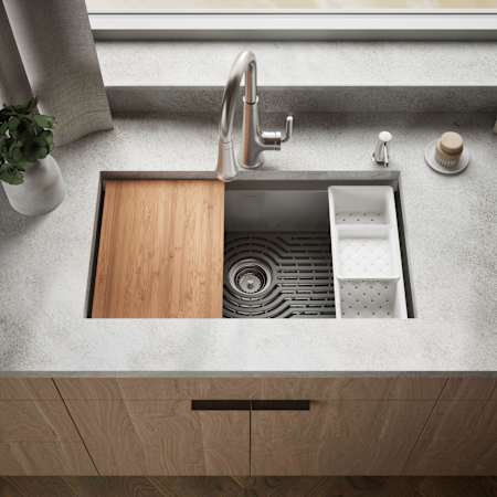 Kohler Task 33" Undermount Single Basin Stainless Steel Kitchen Sink with Basket Strainer, Colander, and Cutting Board N/A