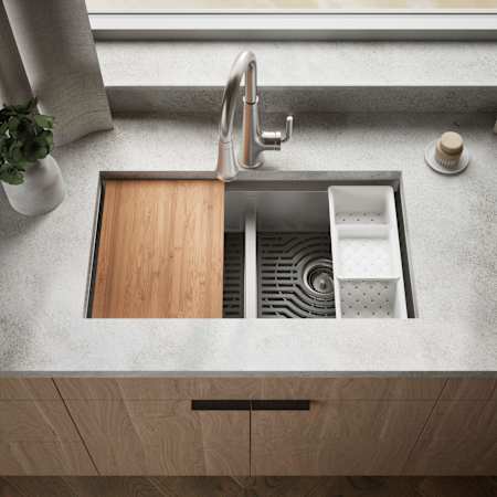 Kohler Task 33" Undermount Double Basin Stainless Steel Kitchen Sink with Basket Strainer, Colander, and Cutting Board N/A