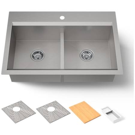 Kohler Task 33" Undermount Double Basin Stainless Steel Kitchen Sink with Basket Strainer, Colander, and Cutting Board N/A
