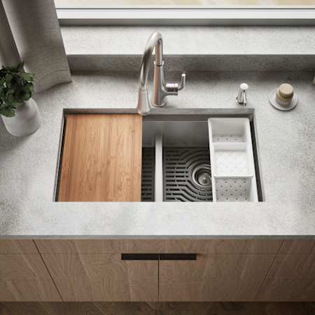 Kohler Task 33" Undermount Double Basin Stainless Steel Kitchen Sink with Basket Strainer, Colander, and Cutting Board N/A