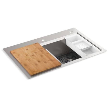 Kohler Task 33" Undermount Double Basin Stainless Steel Kitchen Sink with Basket Strainer, Colander, and Cutting Board N/A