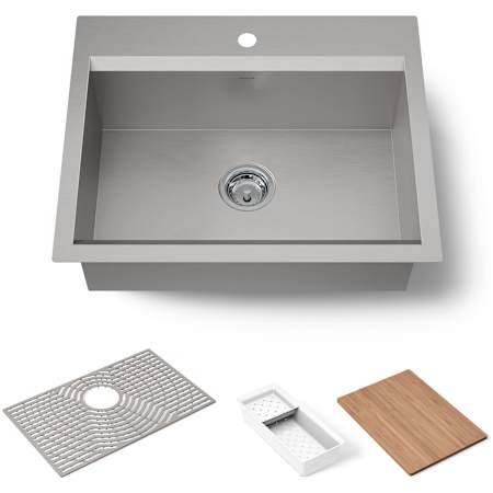 Kohler Task 27" Undermount Single Basin Stainless Steel Kitchen Sink with Basket Strainer, Colander, and Cutting Board N/A