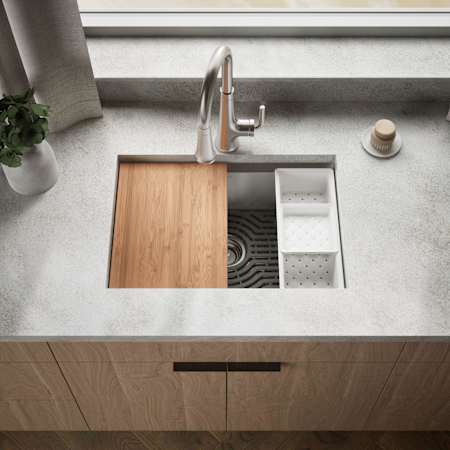 Kohler Task 27" Undermount Single Basin Stainless Steel Kitchen Sink with Basket Strainer, Colander, and Cutting Board N/A