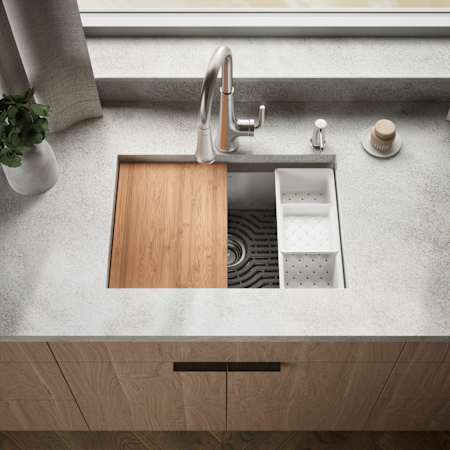 Kohler Task 27" Undermount Single Basin Stainless Steel Kitchen Sink with Basket Strainer, Colander, and Cutting Board N/A