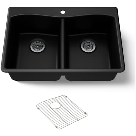 Kohler Kennon 33" Top or Undermount Double Bowl Neoroc Composite Kitchen Sink with Left-Bowl Sink Rack Matte Black