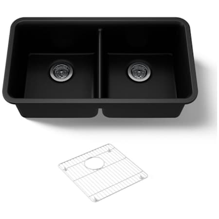 Kohler Cairn 33-1/2" Undermount Double Equal Bowl Neoroc Granite Composite Kitchen Sink with Right Sink Rack Included Matte Black