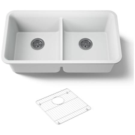 Kohler Cairn 33-1/2" Undermount Double Equal Bowl Neoroc Granite Composite Kitchen Sink with Right Sink Rack Included Matte White
