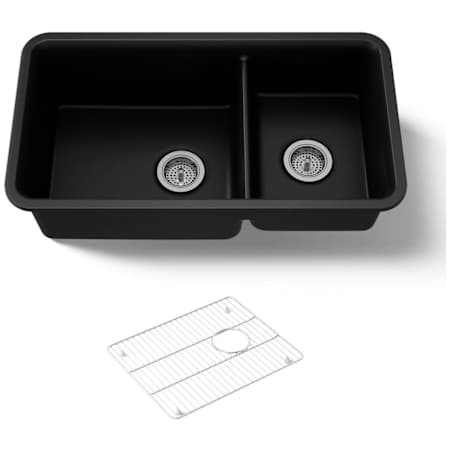 Kohler Cairn Slim Divide 33-1/2" Undermount Double Bowl Neoroc Granite Composite Kitchen Sink with Large Bowl Sink Rack Matte Black