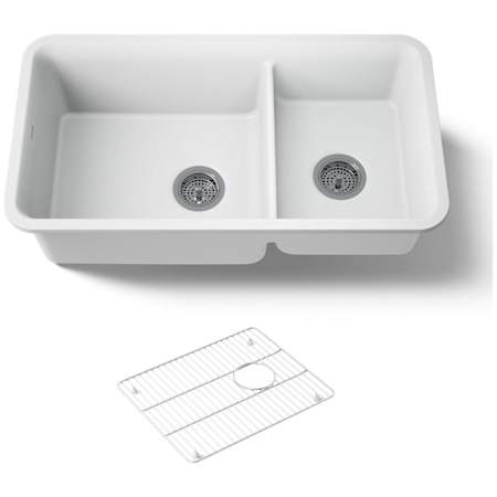 Kohler Cairn Slim Divide 33-1/2" Undermount Double Bowl Neoroc Granite Composite Kitchen Sink with Large Bowl Sink Rack Matte White