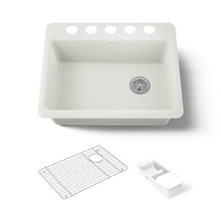 Kohler Riverby 27" Undermount Single Basin Enameled Cast Iron Workstation Kitchen Sink with Basin Rack, Colander, and Cutting Board Biscuit