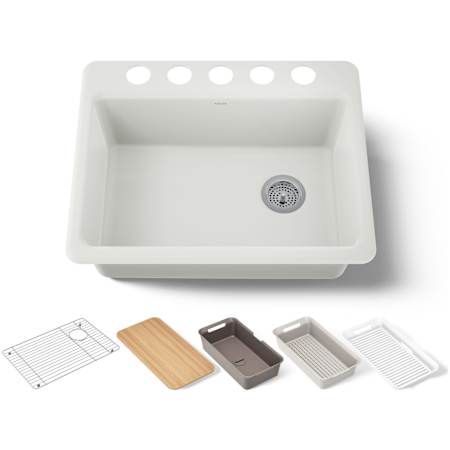 Kohler Riverby 27" Undermount Single Basin Cast Iron Kitchen Sink with Basin Rack and Cutting Board Dune