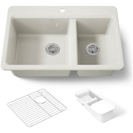 Kohler Riverby 33" x 22" Double Basin Cast Iron Sink with Colander and Basin Rack Biscuit