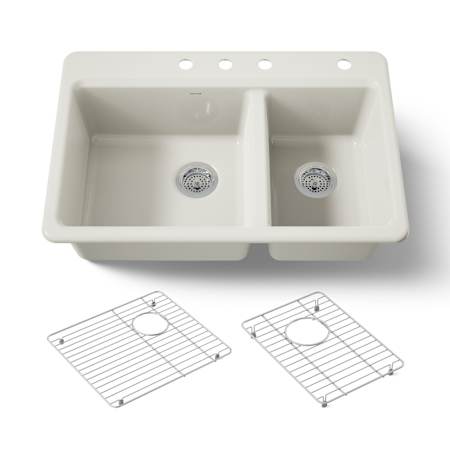 Kohler Riverby 33" Drop In Double Basin Cast Iron Kitchen Sink with Basin Rack and Four Predrilled Holes Biscuit