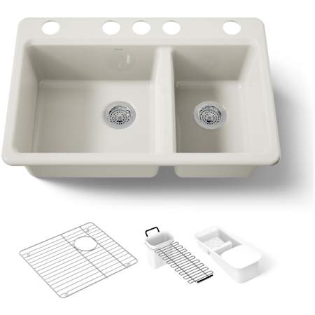 Kohler Riverby 33" Undermount 60/40 Double Basin Enameled Cast Iron Workstation Kitchen Sink with Basin Rack, Colander, Cutting Board, and Utility Rack Biscuit