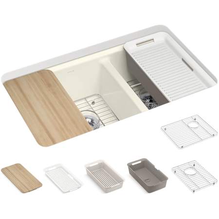 Kohler Riverby 33" Undermount Double Basin Cast Iron Kitchen Sink with Basin Rack, Colander and Cutting Board Biscuit