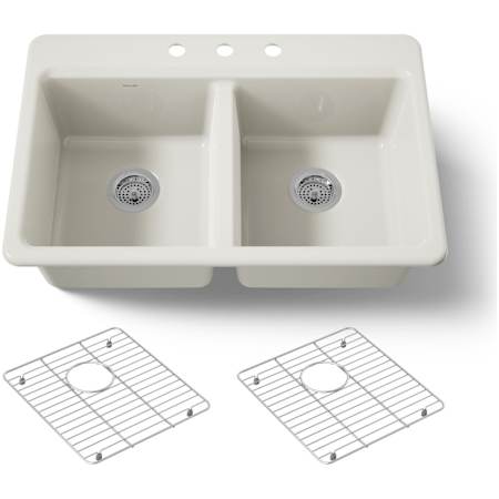 Kohler Riverby 33" Drop In Double Basin Cast Iron Kitchen Sink with Basin Rack and 50/50 Split Basin Biscuit