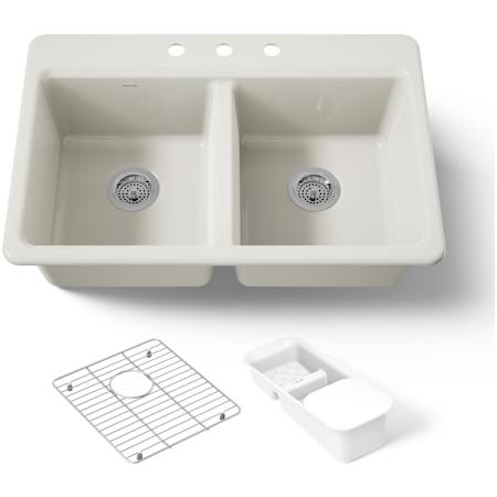 Kohler Riverby 33" Drop In Double Basin Cast Iron Kitchen Sink Biscuit
