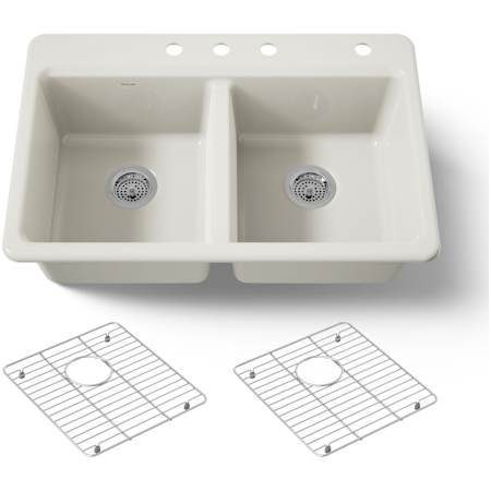 Kohler Riverby 33" Drop In Double Basin Cast Iron Kitchen Sink with Two Basin Racks Biscuit