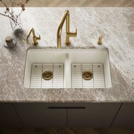 Kohler Riverby 33" Undermount Double Basin Cast Iron Kitchen Sink with Basin Rack and 50/50 Basin Split Biscuit