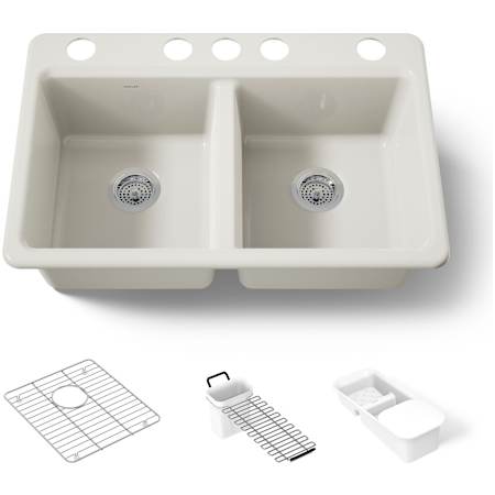 Kohler Riverby 33" Undermount 50/50 Double Basin Enameled Cast Iron Workstation Kitchen Sink with Basin Rack, Colander, Cutting Board, and Utility Rack Biscuit