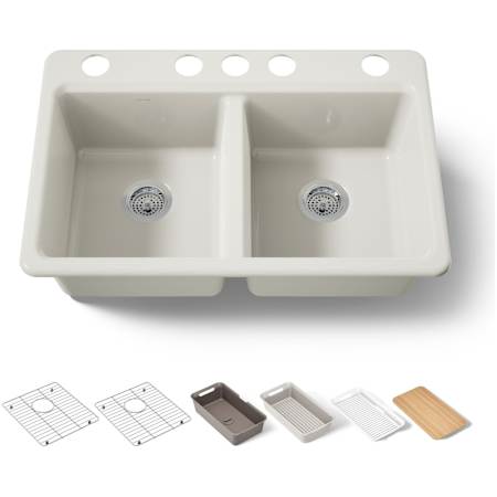 Kohler Riverby 33" Undermount Double Basin Cast Iron Kitchen Sink with Basin Rack, Colander, Cutting Board and 50/50 Split Basin Biscuit