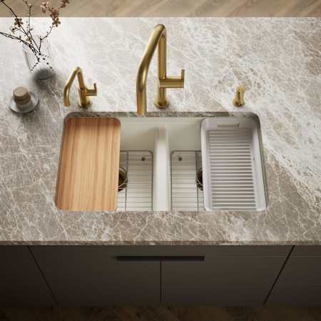 Kohler Riverby 33" Undermount Double Basin Cast Iron Kitchen Sink with Basin Rack, Colander, Cutting Board and 50/50 Split Basin Biscuit