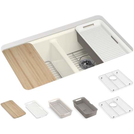 Kohler Riverby 33" Undermount Double Basin Cast Iron Kitchen Sink with Basin Rack, Colander, Cutting Board and 50/50 Split Basin Biscuit