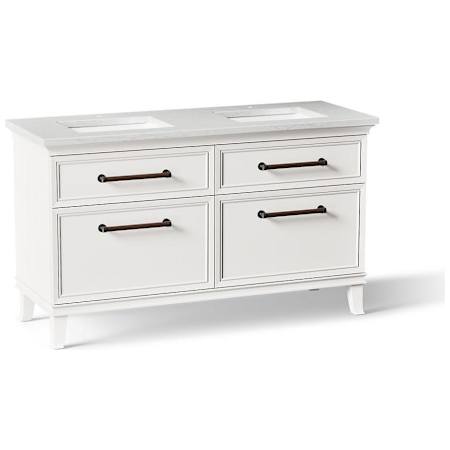 Kohler Artifacts 60" Free Standing Double Basin Vanity Set with Cabinet and Quartz Vanity Top - Includes Undermount Sinks and Cabinet Hardware Linen White