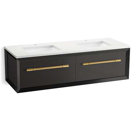 Kohler Enivo 61" Wall Mounted Double Basin Vanity Set with Cabinet and Quartz Vanity Top Gloss Black