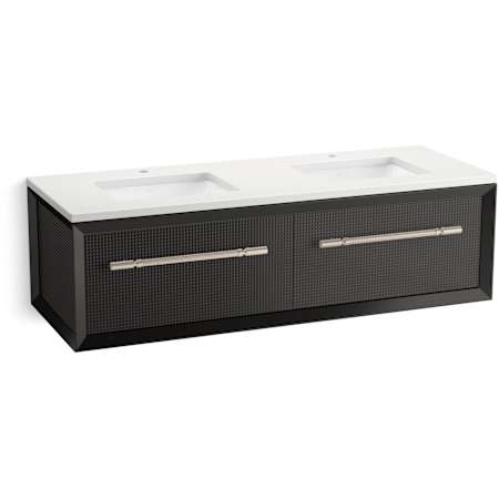 Kohler Enivo 61" Wall Mounted Double Basin Vanity Set with Cabinet and Quartz Vanity Top Gloss Black