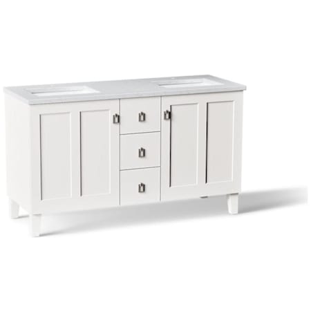 Kohler Poplin 60" Free Standing Double Basin Vanity Set with Cabinet and Quartz Vanity Top - Includes Undermount Sinks and Cabinet Hardware Linen White