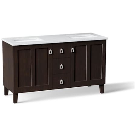 Kohler Poplin 60" Free Standing Double Basin Vanity Set with Cabinet and Quartz Vanity Top - Includes Undermount Sinks and Cabinet Hardware Claret Suede