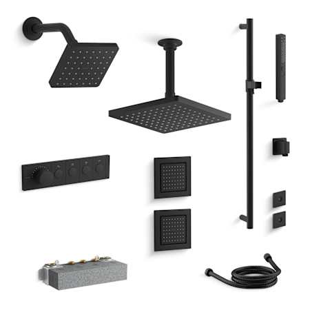 Kohler Parallel Custom Shower System Featuring Four Port Anthem Mechanical Valve with Trim, Shower Head, Handshower, Two Body Sprays, and Rain Head Matte Black