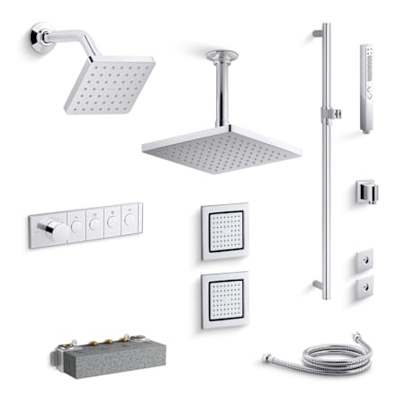 Kohler Parallel Custom Shower System Featuring Four Port Anthem Mechanical Valve with Trim, Shower Head, Handshower, Two Body Sprays, and Rain Head Polished Chrome