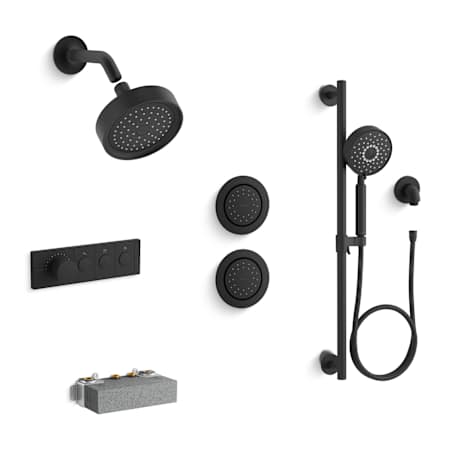 Kohler Purist Custom Shower System Featuring Three Port Anthem Mechanical Valve with Trim, Shower Head, Handshower, and Two Body Sprays Matte Black