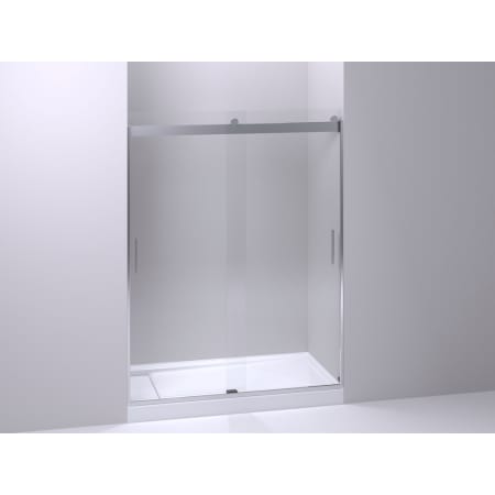 Kohler Kohler Levity 74" x 59-5/8" Bypass Frameless Shower Door with Clear Glass and Vertical Handles and 60" x 32" Bellwether Cast Iron Shower Receptor with Left Hand Drain Bright Silver