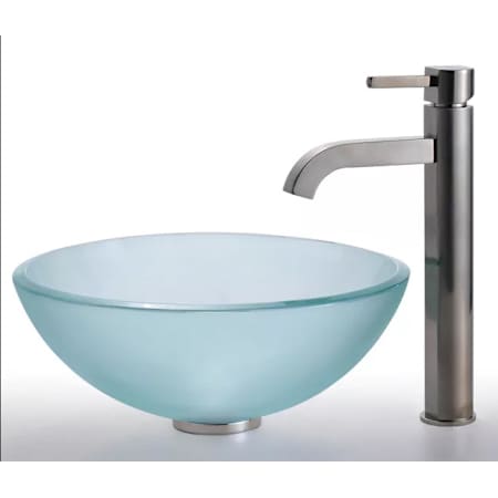 Kraus Bathroom Combo - 14" Frosted Glass Vessel Bathroom Sink with Vessel Faucet, Pop-Up Drain, and Mounting Ring Satin Nickel